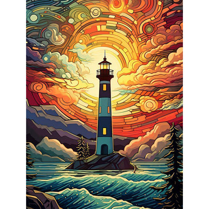 Sunset Seaside Lighthouse - Full Round Drill Diamond Painting 30*40CM