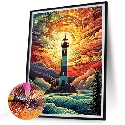 Sunset Seaside Lighthouse - Full Round Drill Diamond Painting 30*40CM