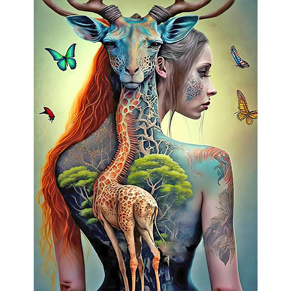 Girl With Giraffe Tattoo On Back - Full Round Drill Diamond Painting 50*60CM