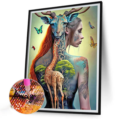 Girl With Giraffe Tattoo On Back - Full Round Drill Diamond Painting 50*60CM