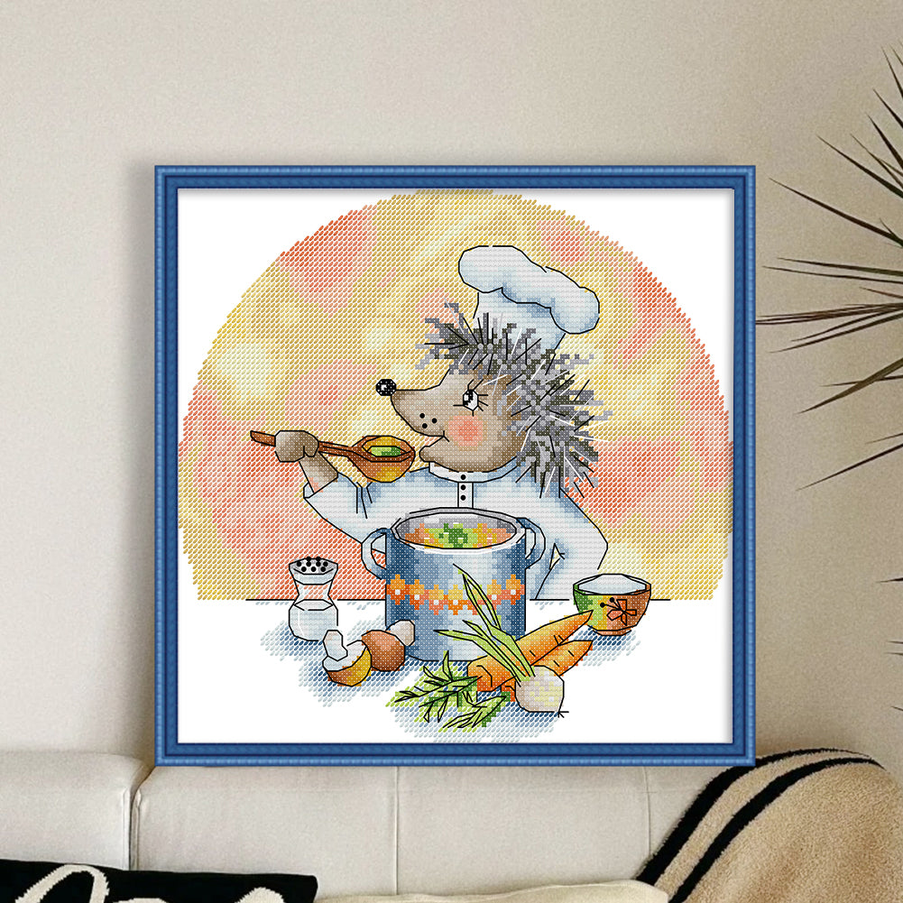 Hedgehog Chef - 14CT Stamped Cross Stitch 28*27CM(Joy Sunday)