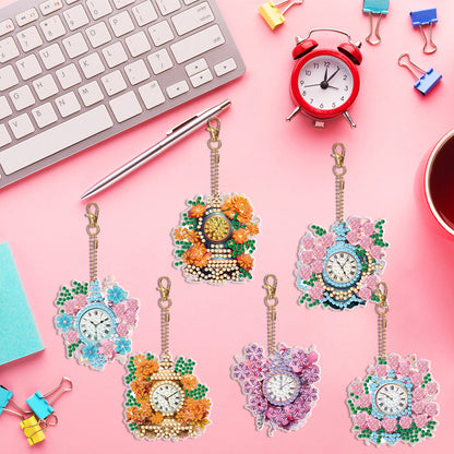 6PCS Double Sided Special Shape Diamond Art Keyring (Flower Clock)