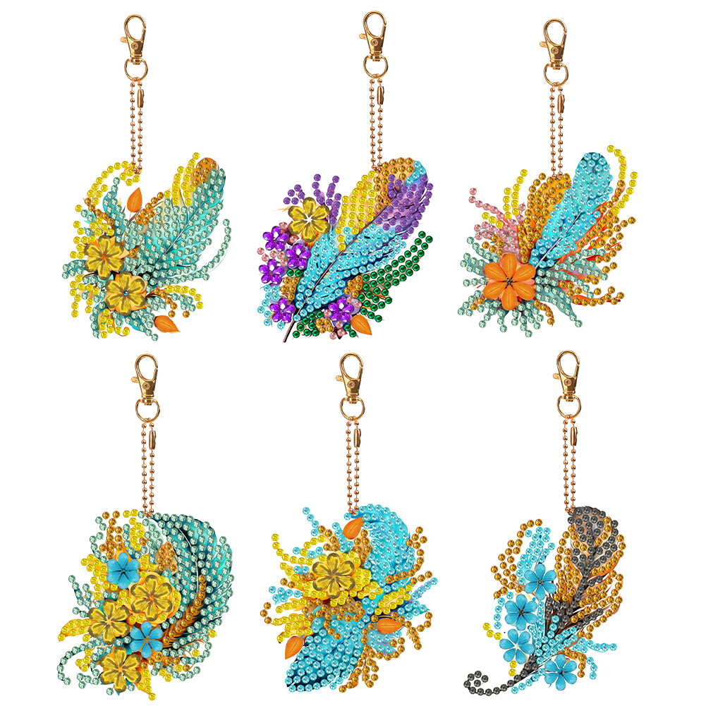 6PCS Double Sided Special Shape Diamond Art Keyring (Flower Feather)