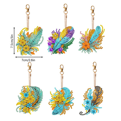 6PCS Double Sided Special Shape Diamond Art Keyring (Flower Feather)