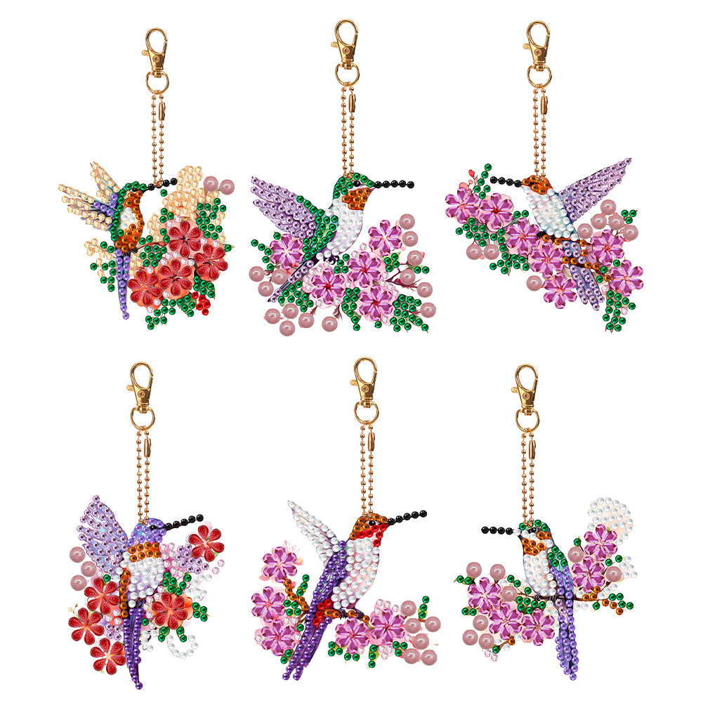 6PCS Double Sided Special Shape Diamond Art Keyring (Flower Hummingbird)