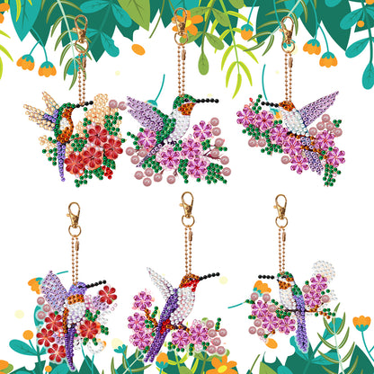 6PCS Double Sided Special Shape Diamond Art Keyring (Flower Hummingbird)