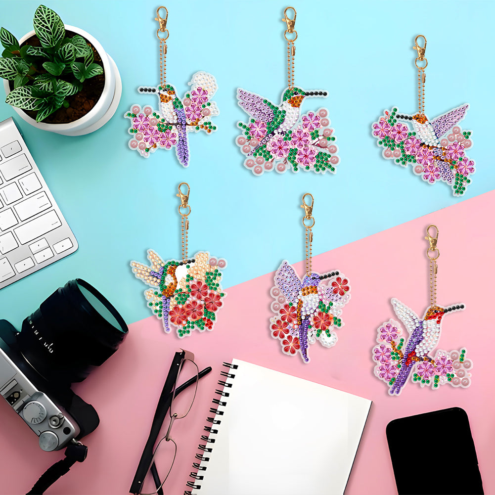 6PCS Double Sided Special Shape Diamond Art Keyring (Flower Hummingbird)