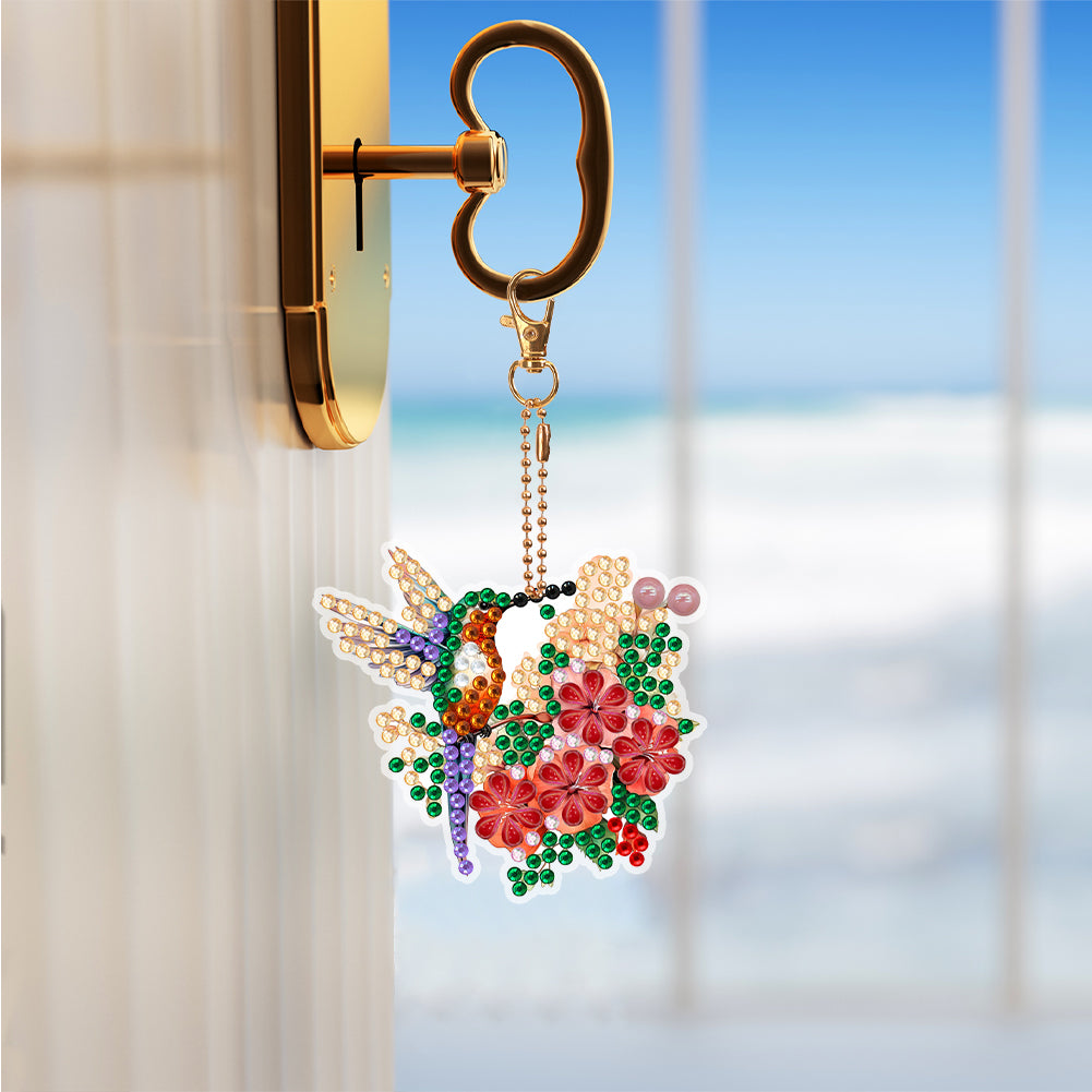 6PCS Double Sided Special Shape Diamond Art Keyring (Flower Hummingbird)