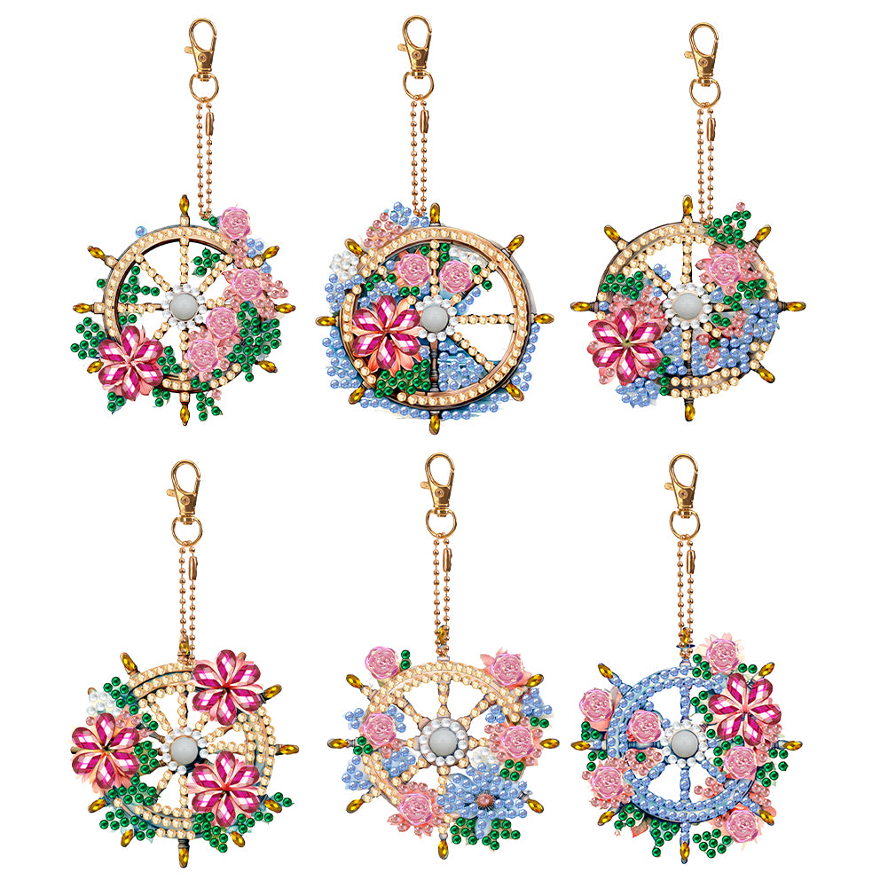 6PCS Double Sided Special Shape Diamond Art Keyring (Flower Rudder)