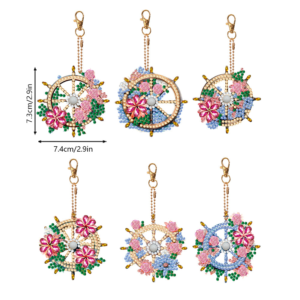 6PCS Double Sided Special Shape Diamond Art Keyring (Flower Rudder)