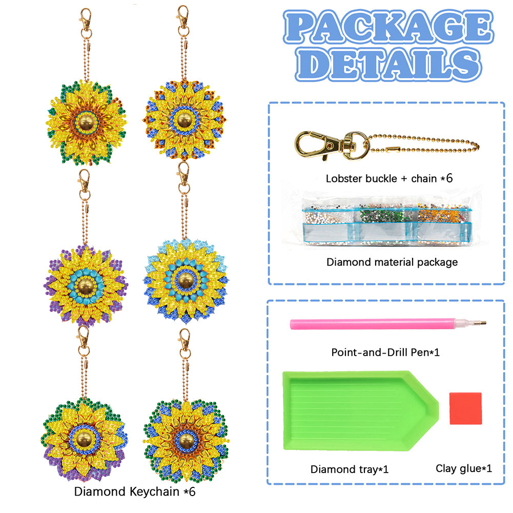 6PCS Double Sided Special Shape Diamond Art Keyring (Sunflower Mandala)