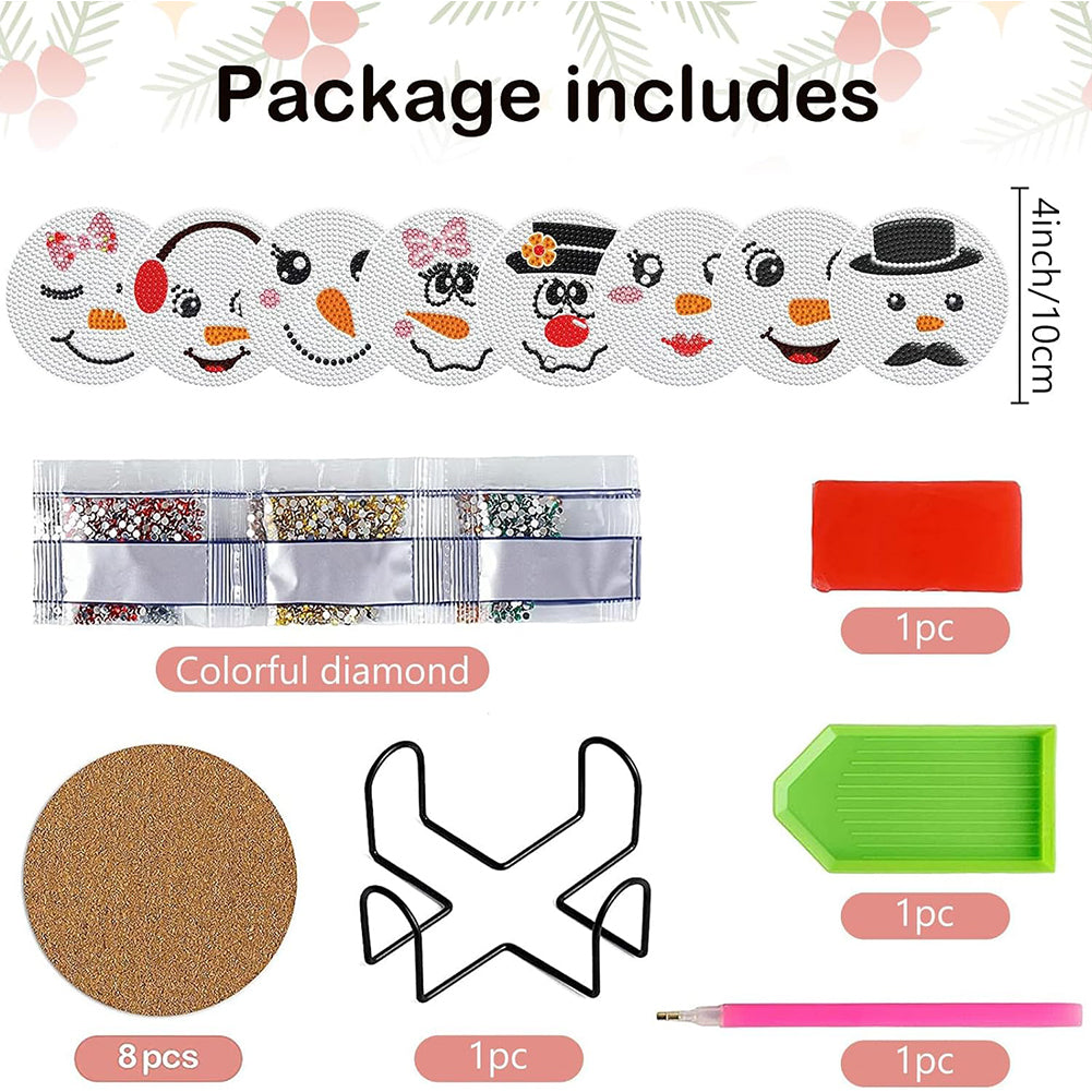 8PCS Diamond Painting Art Coaster Kit with Holder (Christmas Snowman)