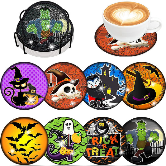 8PCS Diamond Painting Coasters Kits with Holder (Halloween Character)