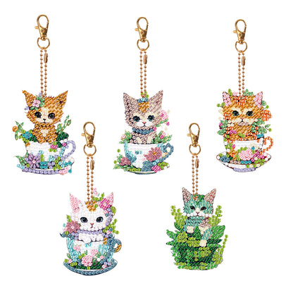 5PCS Double Sided Diamond Art Keyring Cup Cat for Adult Kid Purse Handbag Decor