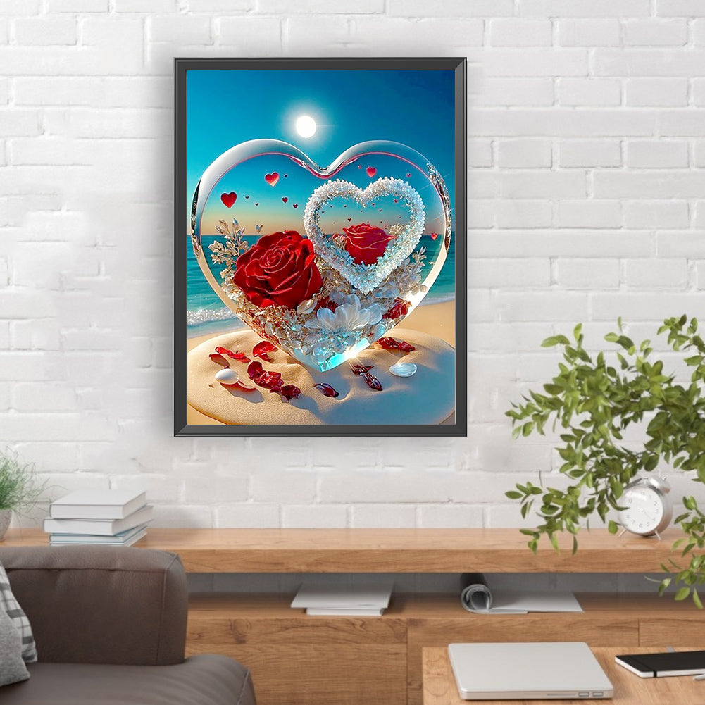 Heart Shaped Crystal On The Beach - Full Round Drill Diamond Painting 30*40CM