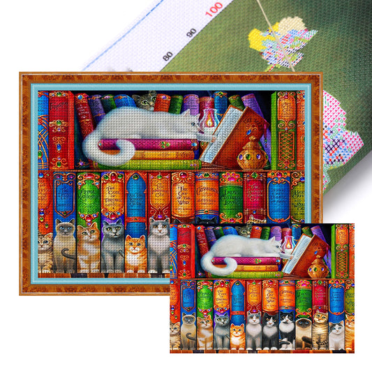 Cat On Bookshelf - 11CT Stamped Cross Stitch 50*37CM