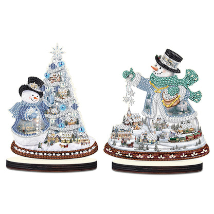 2PCS Wooden Xmas Snowman Desktop Diamond Painting Ornament (#2)