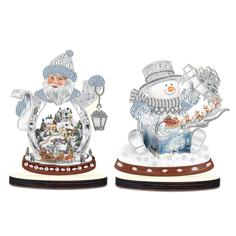 2PCS Wooden Xmas Snowman Desktop Diamond Painting Ornament (#4)