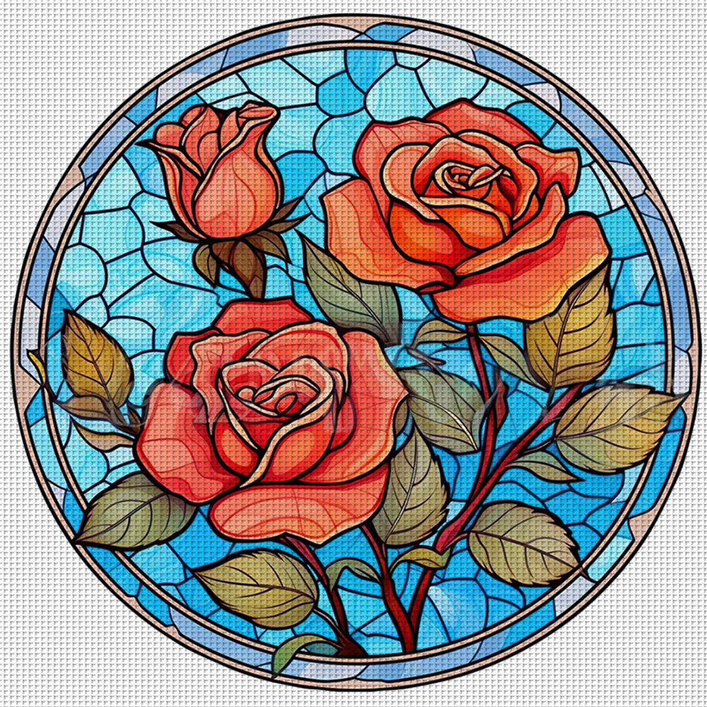 Glass Painting-Rose - 18CT Stamped Cross Stitch 25*25CM