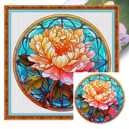 Glass Painting-Peony - 18CT Stamped Cross Stitch 25*25CM