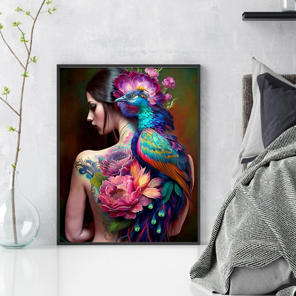 Tattooed Peacock Woman - 11CT Stamped Cross Stitch 40*50CM