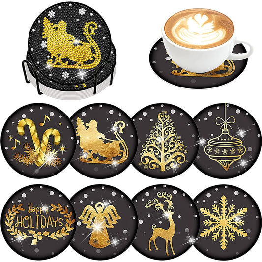 8PCS Diamond Painting Art Coaster Kit with Holder (Black Gold Xmas Elements)