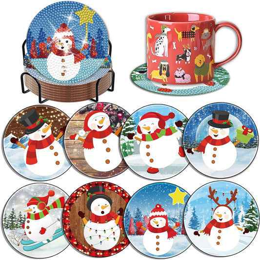 8PCS Diamond Painting Art Coaster Kit with Holder (Christmas Snowman)