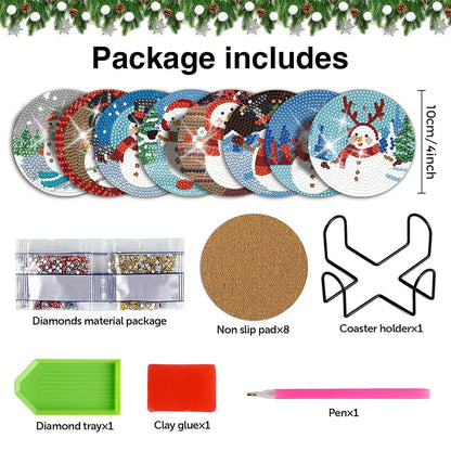 8PCS Diamond Painting Art Coaster Kit with Holder (Christmas Snowman)