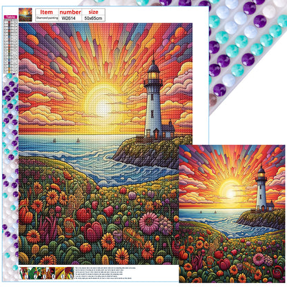 Sunrise Sea Lighthouse - Full Round Drill Diamond Painting 50*65CM