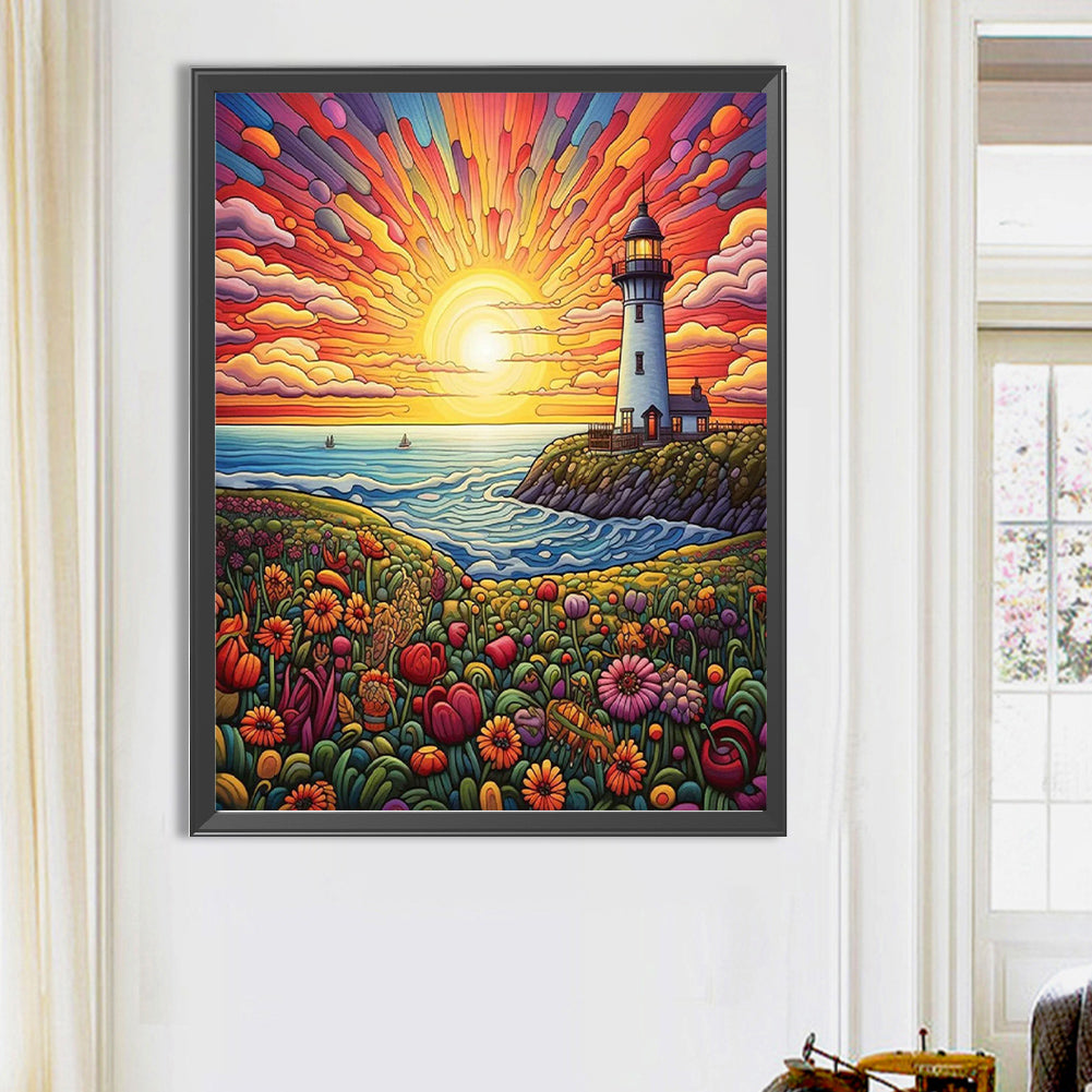 Sunrise Sea Lighthouse - Full Round Drill Diamond Painting 50*65CM