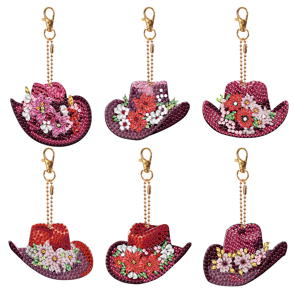 6PCS Double Sided Special Shape Diamond Painting Keychain (Vintage Cowboy Hat)