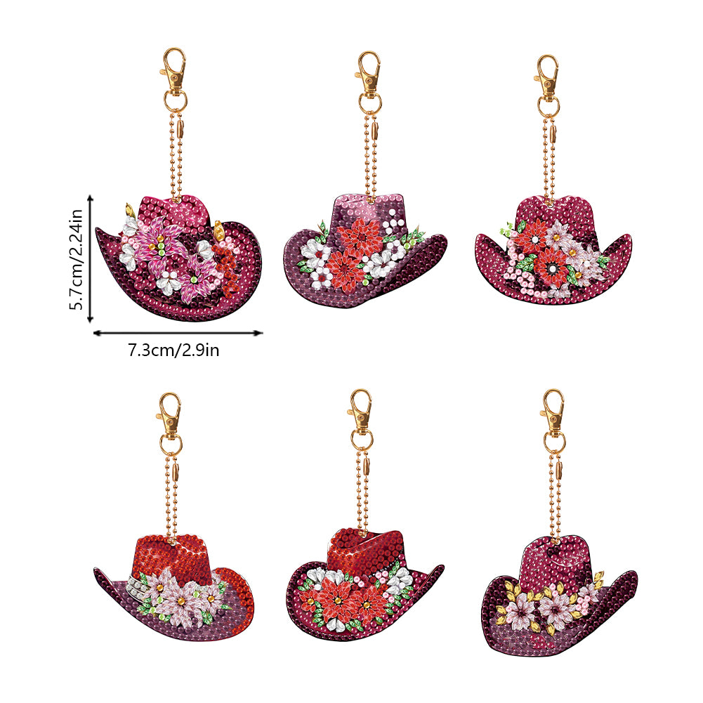 6PCS Double Sided Special Shape Diamond Painting Keychain (Vintage Cowboy Hat)