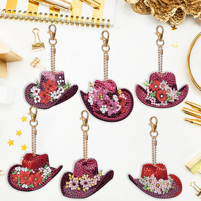 6PCS Double Sided Special Shape Diamond Painting Keychain (Vintage Cowboy Hat)