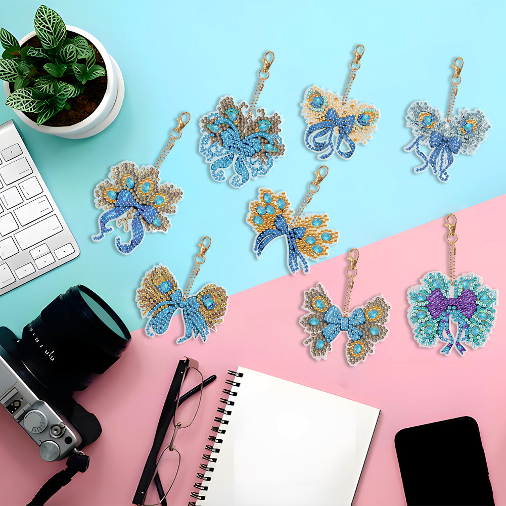 6PCS Double Sided Special Shape Diamond Painting Keychain (Peacock Bow)