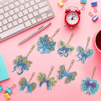 6PCS Double Sided Special Shape Diamond Painting Keychain (Peacock Bow)