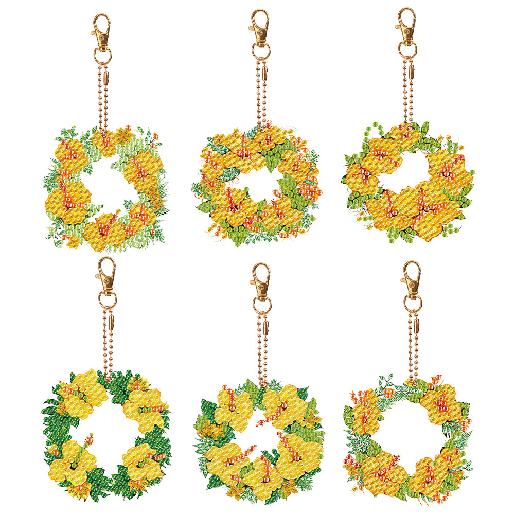 6PCS Double Sided Special Shape Diamond Painting Keychain (Yellow Garland)