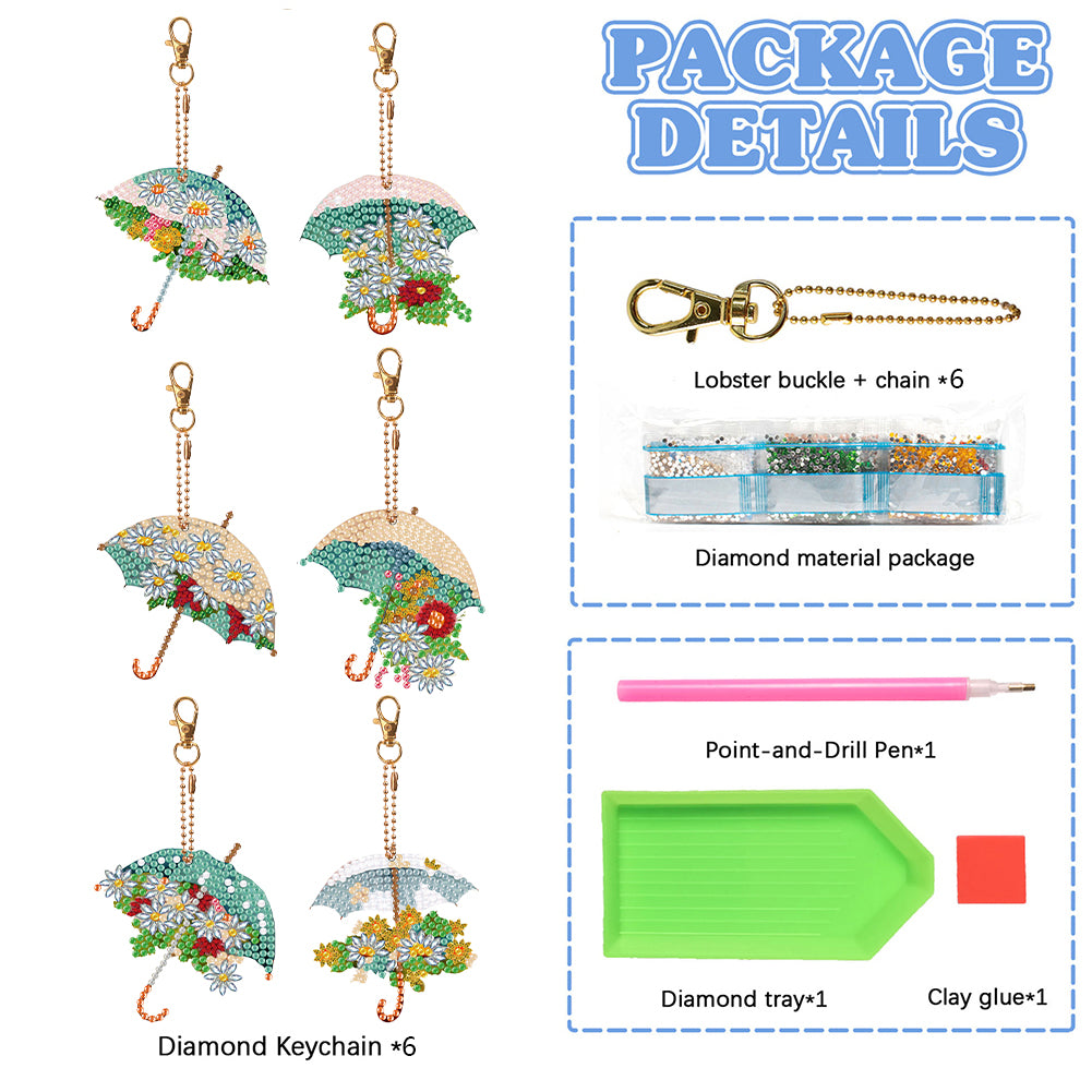 6PCS Double Sided Special Shape Diamond Painting Keychain (Delicate Umbrella)