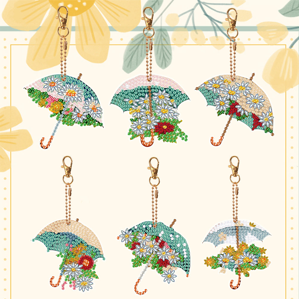 6PCS Double Sided Special Shape Diamond Painting Keychain (Delicate Umbrella)