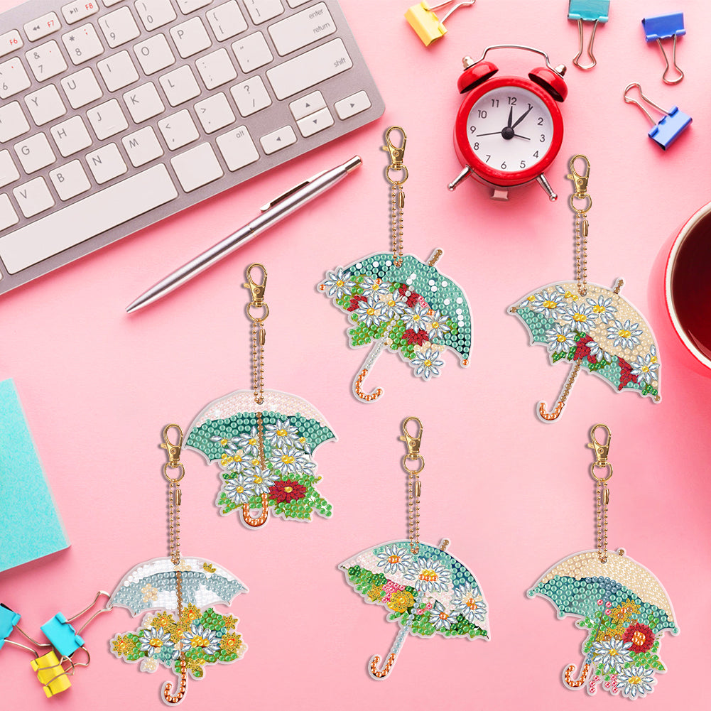 6PCS Double Sided Special Shape Diamond Painting Keychain (Delicate Umbrella)