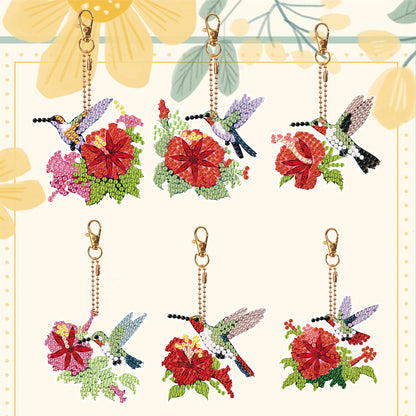 6PCS Double Sided Special Shape Diamond Painting Keychain (Hummingbird Flower)