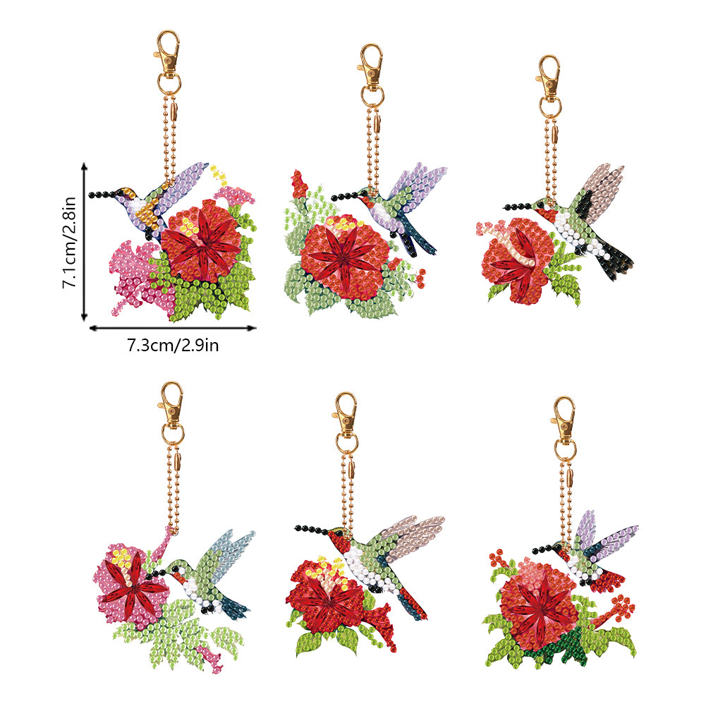 6PCS Double Sided Special Shape Diamond Painting Keychain (Hummingbird Flower)