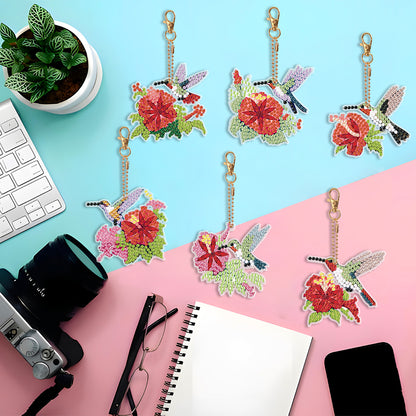 6PCS Double Sided Special Shape Diamond Painting Keychain (Hummingbird Flower)