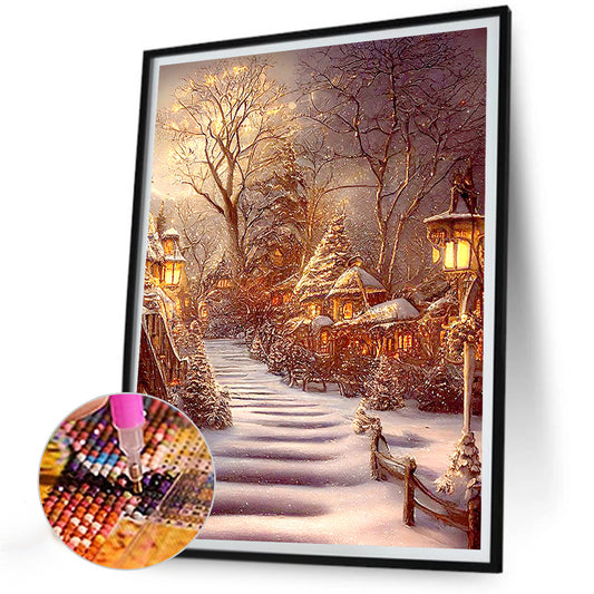 Snowy Night Street Scene - Full Round Drill Diamond Painting 30*40CM