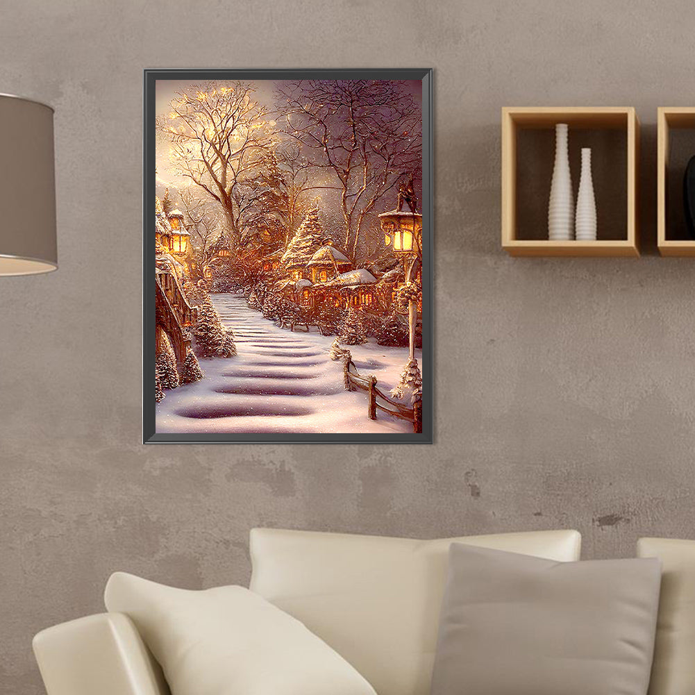 Snowy Night Street Scene - Full Round Drill Diamond Painting 30*40CM