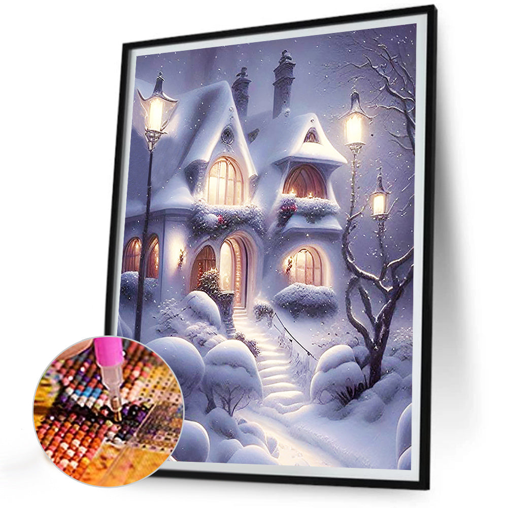 Snowy Night Street Scene - Full Round Drill Diamond Painting 30*40CM