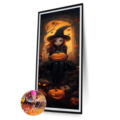 Halloween Little Witch Holding Pumpkin - Full Round Drill Diamond Painting 30*70CM