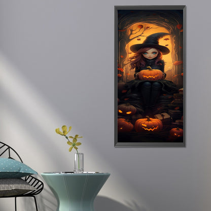Halloween Little Witch Holding Pumpkin - Full Round Drill Diamond Painting 30*70CM