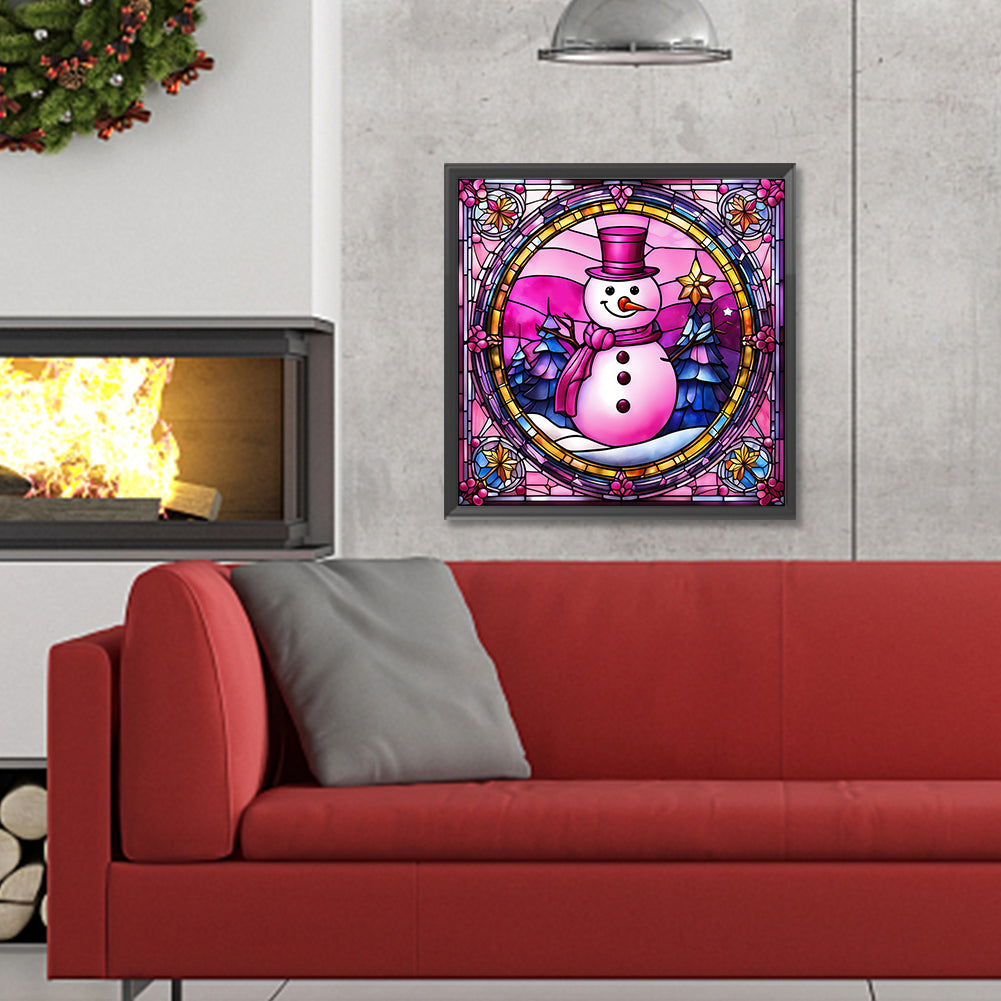 Pink Snowman Glass Painting - Full Round Drill Diamond Painting 30*30CM