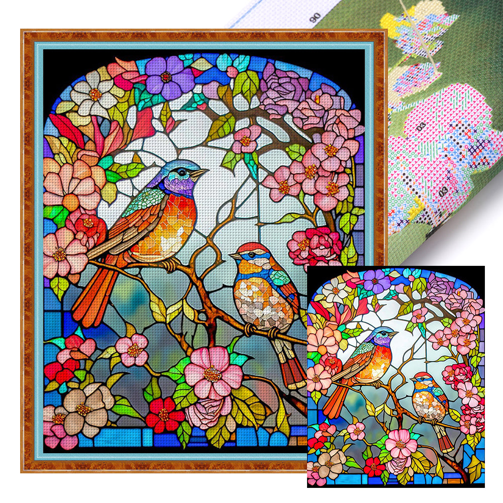 Glass Painting-Flowers And Birds - 11CT Stamped Cross Stitch 40*50CM