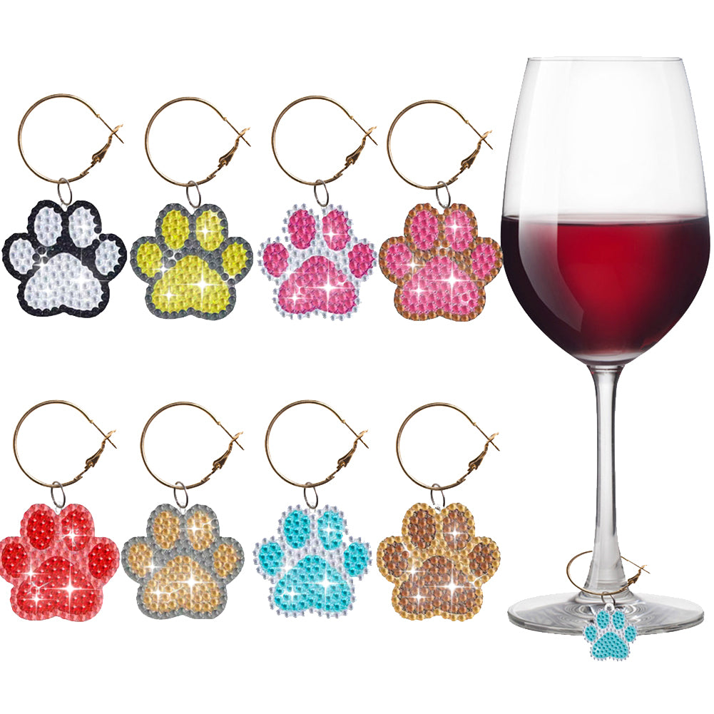 8PCS Diamond Painting Art Pendant Diamond Wine Glass Charms (Dog Paw #1)